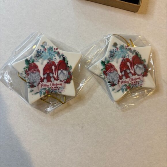 Christmas Porcelain/Ceramic Gnome Ornaments Hanging New in Box 3"x3" Set of 2 - Picture 5 of 6